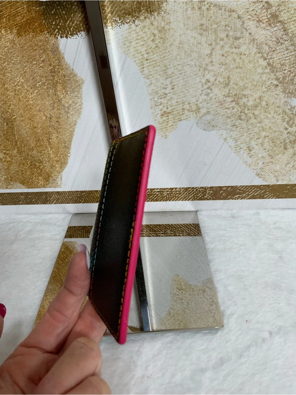 Kurt Geiger Black Card & Key Holder with Pink Edge and Yellow Stitching
